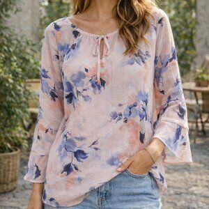 AGB Floral Sheer Blouse Women Size L Pink Blue Tie Neck Bell Sleeve Top
